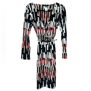 Vintage ABS Allen Schwartz Mod Faux Wrap Dress Knee Length Color Block Geometric